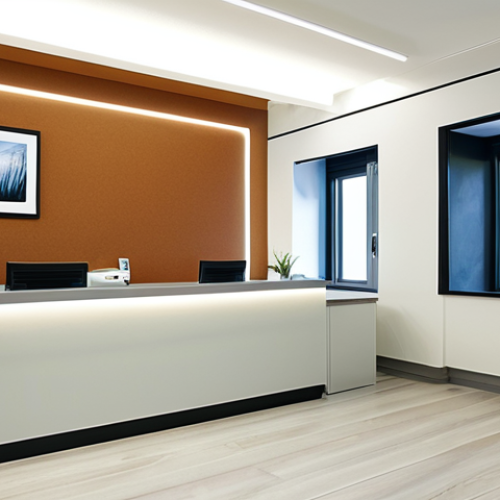 Home 7 Modern Dental Clinic**
A bright, modern dental clinic waiting room, safe for work, appropriate content. The scene includes comfortable seating, soft lighting, and a visible air purifier. Focus on cleanliness: spotless floors and surfaces. A fully clothed receptionist sits at a desk. Family-friendly environment. perfect anatomy, correct proportions, natural pose, well-formed hands, proper finger count, natural body proportions, professional, modest clothing.
**