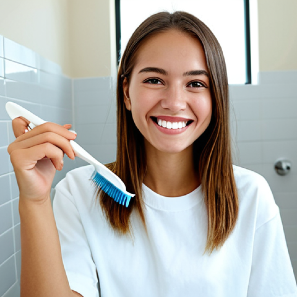 치과 감염 관리 실무 - **
A young woman with a bright, healthy smile, demonstrating proper brushing technique in a well-li...