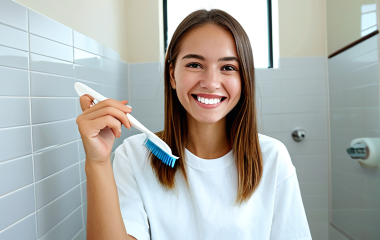 치과 감염 관리 실무 - **
A young woman with a bright, healthy smile, demonstrating proper brushing technique in a well-li...