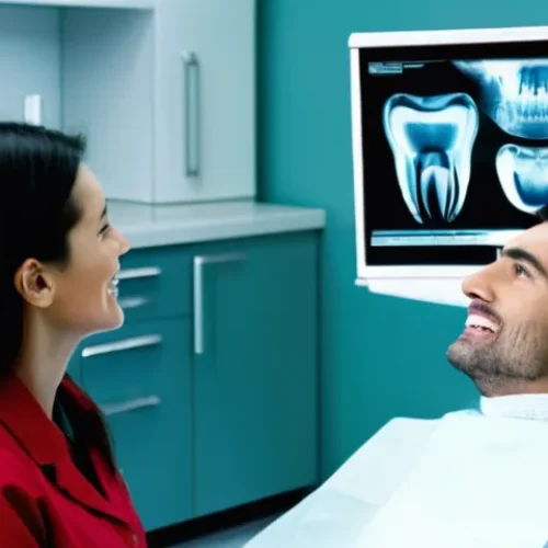 Home 27 치과 방사선 검사 해석 실무 - **Prompt 1: Dentist Explaining a Panoramic X-ray to an Adult Patient**
"A professional, friendly...
