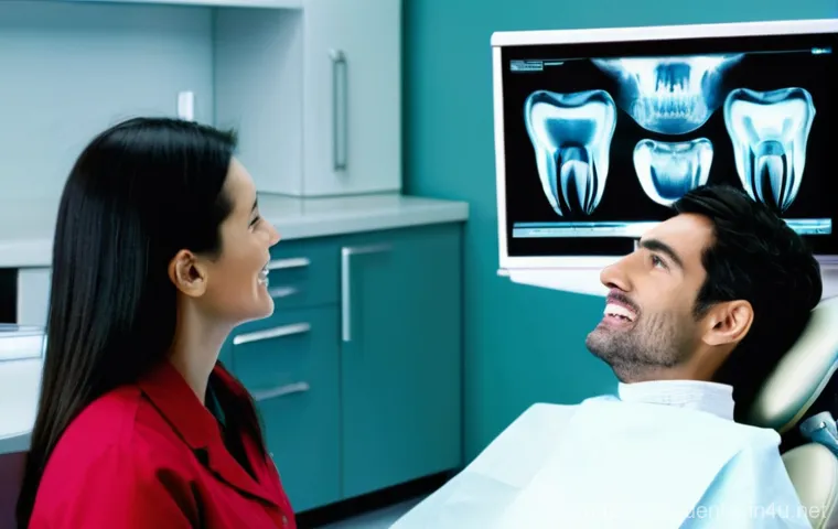 치과 방사선 검사 해석 실무 - **Prompt 1: Dentist Explaining a Panoramic X-ray to an Adult Patient**
"A professional, friendly...